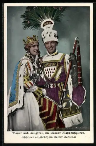 AK Köln, Kölner Karneval, Bauer und Jungfrau, die Kölner Wappenfiguren, Fasching
