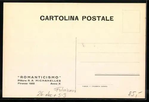 Künstler-AK sign. R. A. Michahelles: Romanticismo, Zwei Hunde bei Nacht, Futurismus