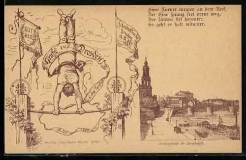 Lithographie Dresden, 6. Deutsches Turnfest 1885, Turner am Reck, Landungsplatz der Dampfschiffe, sehr früher Druck