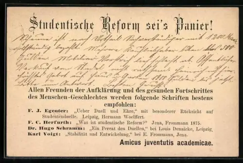 AK Studentische Reform, Reklame für Schriften von F. J. Egenter, F. C. Herfurth u. A., Ganzsache Frech unbekannt