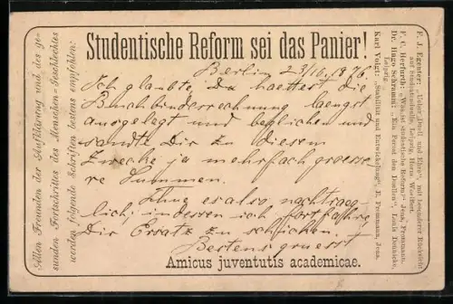 Vorläufer-AK Studentische Reform, 1876, Reklame Schriften von Hugo Schramm, Karl Voigt u. A., Ganzsache Frech unbekannt