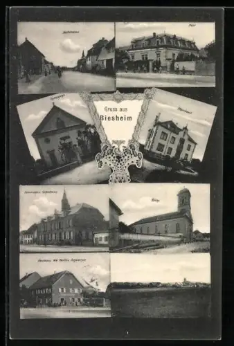 AK Biesheim, Synagoge, Dorfstrasse, Gasthaus Ww. Pauline Schweitzer, Post, Dorfstrasse