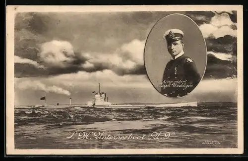 AK S. M. U-Boot U9 vor der Küste, Porträt Kommandant Kaptl. Weddigen