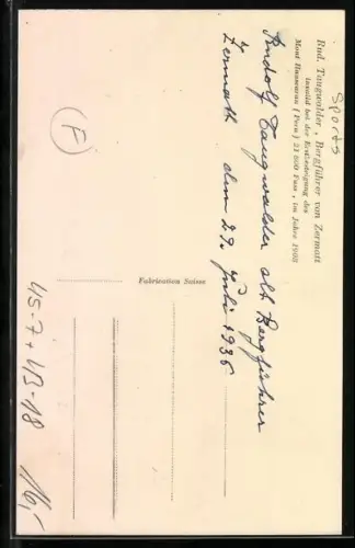 AK Zermatt, Bergsteiger Rudolf Taugwalder, invalid bei der Erstbesteigung des Mont Huascaran