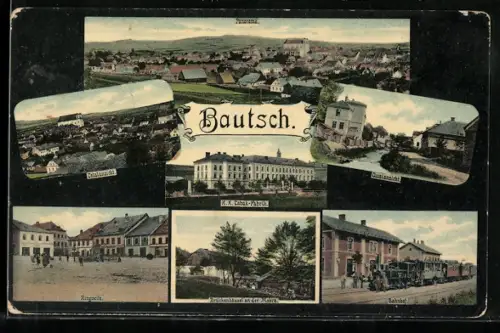 AK Bautsch, Tabak-Fabrik, Bahnhof, Quai-Ansicht, Ringseite