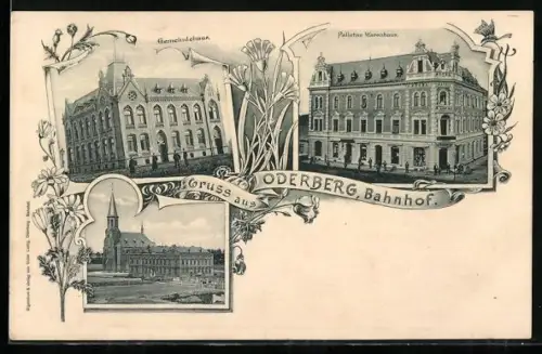 AK Oderberg, Bahnhof, Gemeindehaus, Palletas Warenhaus