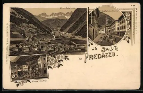 Lithographie Predazzo, Piazza della Posta, Contrada della Chiesa & Panorama
