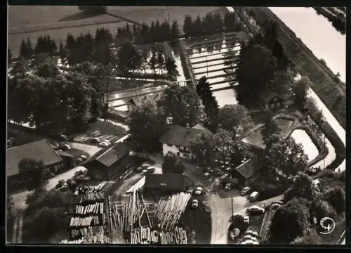 AK Pupplinger Au, Gaststätte Aumühle, Fischteiche, Fliegeraufnahme