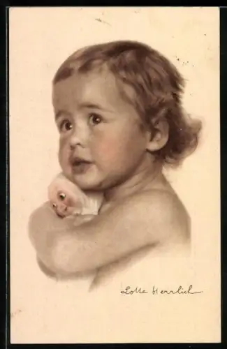Künstler-AK Lotte Herrlich: Kleines Kind mit Puppe im Arm