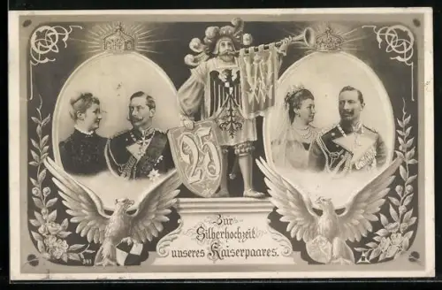 AK Silberhochzeit des deutschen Kaiserpaars 1906, Portraits, Fanfaren-Spieler mit Standarte