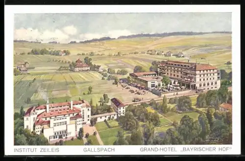 AK Gallspach, Institut Zeileis und Grand-Hotel Bayrischer Hof mit Strasse aus der Vogelschau