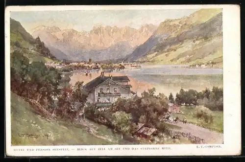 Künstler-AK Edward Theodore Compton: Zell am See, Hotel-Pension Seespitz mit Blick auf das Steinerne Meer