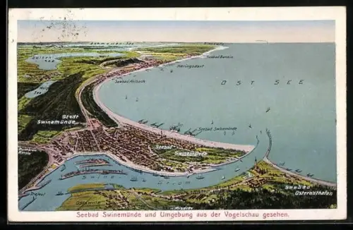 AK Seebad Swinemünde, Ortsansicht und Umgebung aus der Vogelschau gesehen