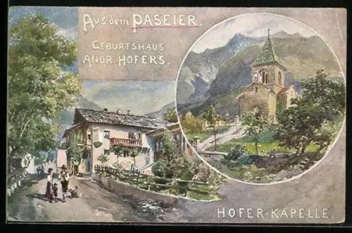 Künstler-AK Edward Theodore Compton: St. Leonhard in Passeier, Geburtshaus Anfreas Hofer und Hofer-Kapelle