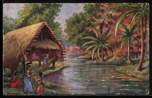 AK Neumecklenburg, Landschaft mit Häuschen am Fluss und Palmen