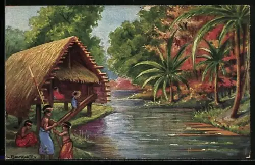 AK Neumecklenburg, Landschaft mit Häuschen am Fluss und Palmen