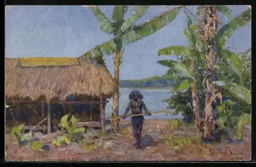 Künstler-AK sign. Peter Paul Müller: Papua, Einheimischer mit Holz