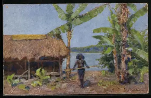 Künstler-AK sign. Peter Paul Müller: Papua, Einheimischer mit Holz