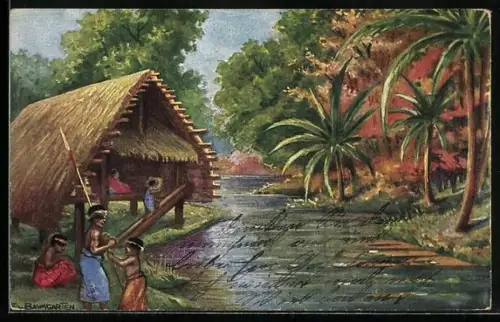 Künstler-AK Neumecklenburg, Eingeborene an einer Hütte