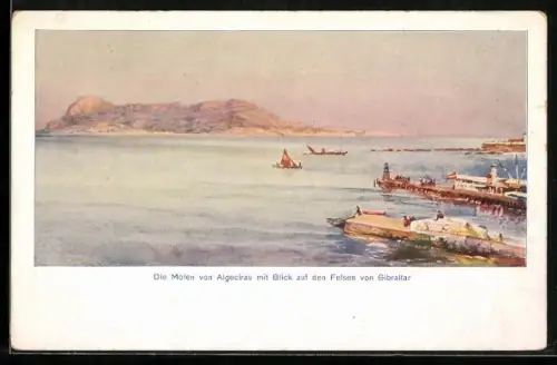 Künstler-AK Algeciras, Molen mit Blick auf den Felsen von Gibraltar