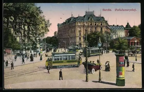 AK Berlin-Tiergarten, Potsdamerplatz mit Palast Hotel, Strassenbahn, Litfasssäule