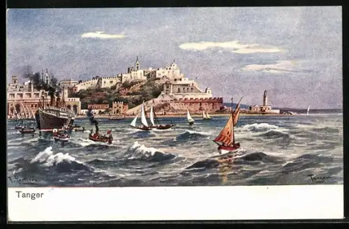 Künstler-AK Friedrich Perlberg: Tanger, Blick zum Ort, Dampfer, Segelboote