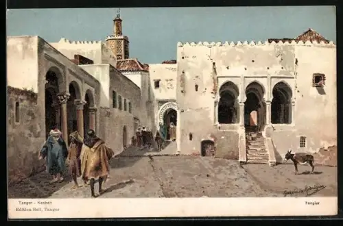 Künstler-AK Tanger, Kasbah, Festung mit Anwohnern