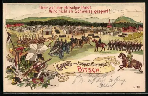 Künstler-AK Bitsch, Truppen-Übungsplatz, Lager