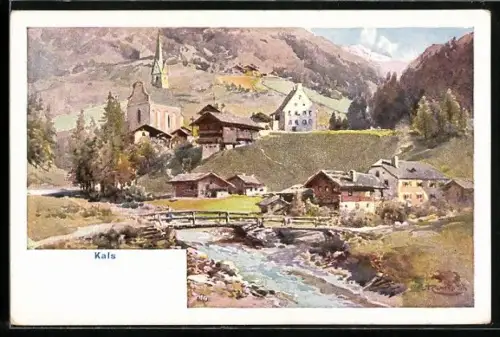 Künstler-AK Edward Theodore Compton: Kals, Teilansicht mit Brücke