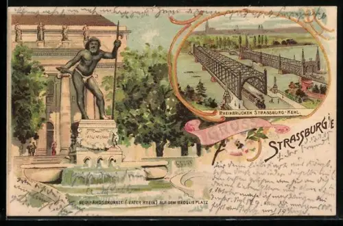 Lithographie Strassburg, Reunhardsbrunnen, Rheinbrücken