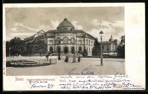 AK Basel, Universitäts-Bibliothek mit Strassenpartie und Fussgängern
