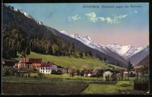 AK Schönberg /Stubaital, Ortspartie mit Kirche gegen die Gletscher