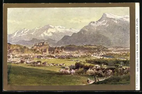 Künstler-AK Edward Theodore Compton: Salzburg, Ortsansicht mit Bergen