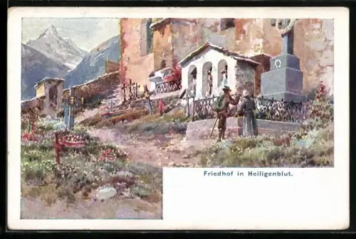 Künstler-Lithographie Edward Theodore Compton: Heiligenbluth, Motiv vom Friedhof