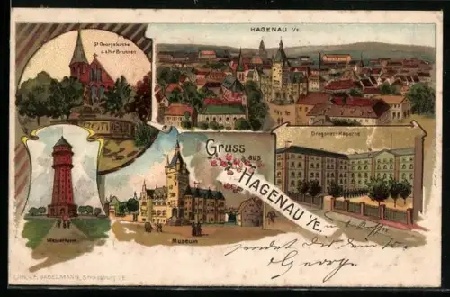 Lithographie Hagenau, Dragoner-Kaserne, St. Georgienkirche & alter Brunnen