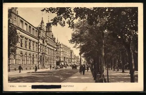 AK Kolmar, strasse mit Hauptpost