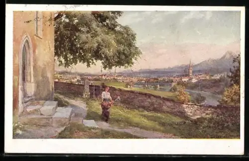 Künstler-AK Villach, Gartenpartie mit Blick auf den Ort