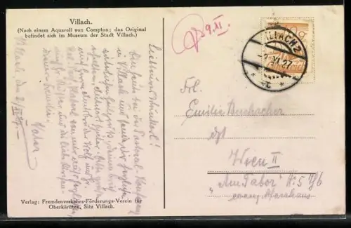 Künstler-AK Villach, Gartenpartie mit Blick auf den Ort