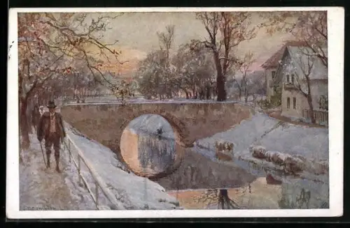 Künstler-AK Klagenfurt, Steinerne Brücke am Lendkanal im Winter