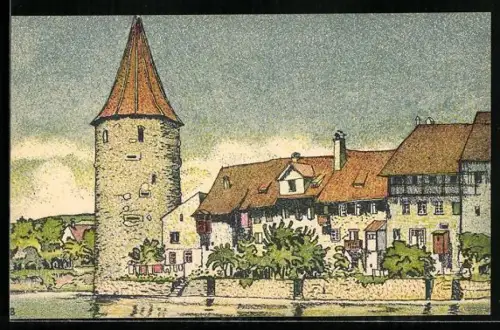 Künstler-AK Bremgarten /AG, Partie mit Turm