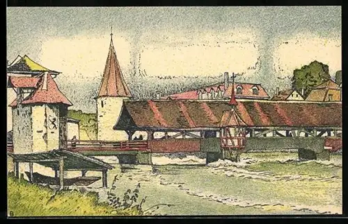 Künstler-AK Bremgarten /AG, Alte Reussbrücke u. Hexenturm