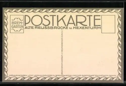 Künstler-AK Bremgarten /AG, Alte Reussbrücke u. Hexenturm