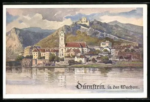 Künstler-AK Dürnstein /Wachau, Ortsansicht vom Wasser aus