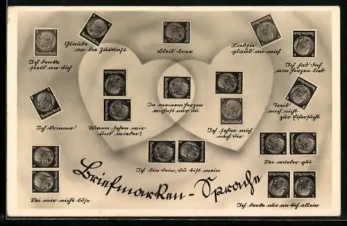 AK Briefmarkensprache für Verliebte, Zwei Herzsilhouetten