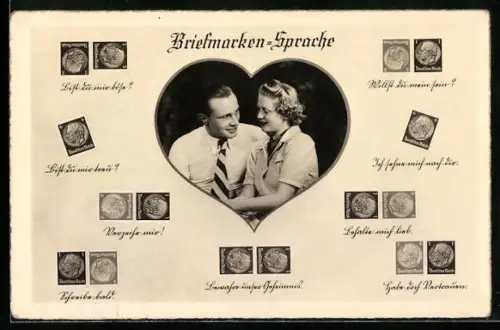 AK Briefmarkensprache, Herz, Liebespaar