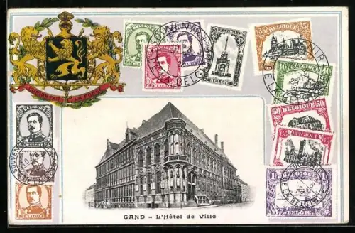 AK Gand, L`Hotel de Ville, Belgische Briefmarken, Wappen
