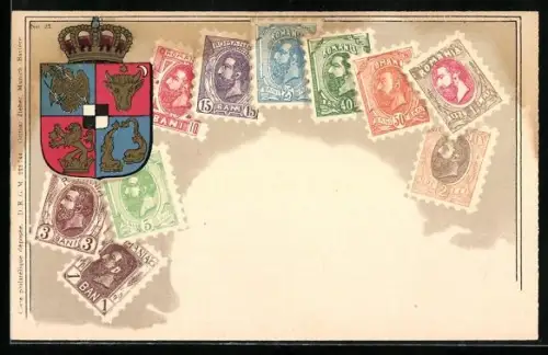 AK Briefmarken aus Romania, Wappen mit Krone