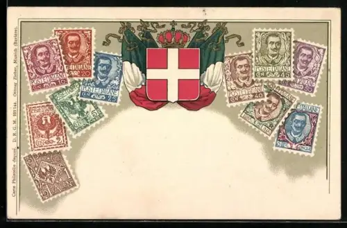 AK Briefmarken aus Italien mit Wappen, Flaggen und Krone