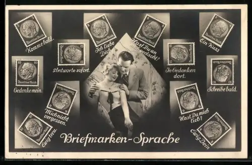 AK Briefmarkensprache für Verliebte, Liebespaar