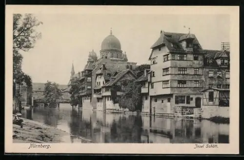AK Nürnberg, Insel Schütt, Flusspartie an der Synagoge